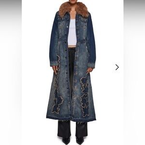 dELiA*s Distressed Dark Blue Denim Maci Coat with Floral Embroidery